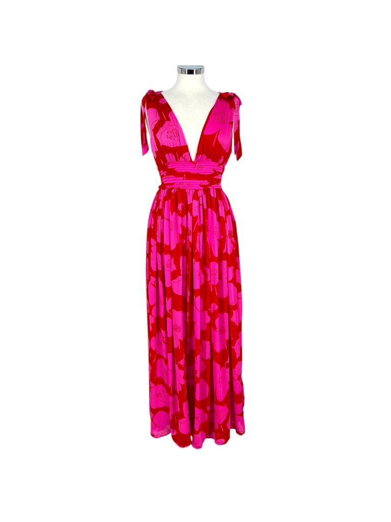 Sugarlips Descanso Dress Red Pink Floral Maxi Plunging V-Neck Size Xs Nwt